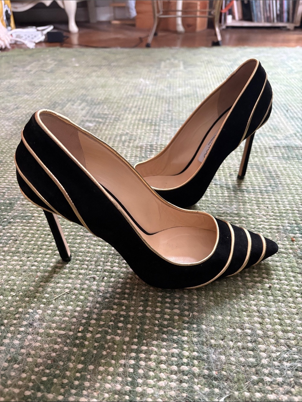 Jimmy Choo Black Suede Pointed Toe Pumps with Gold Piping